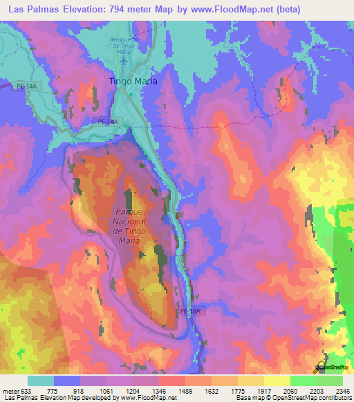 Las Palmas,Peru Elevation Map