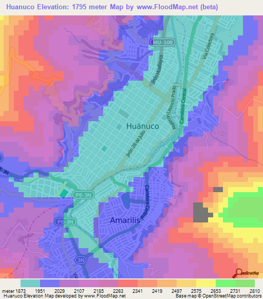 Huanuco,Peru Elevation Map