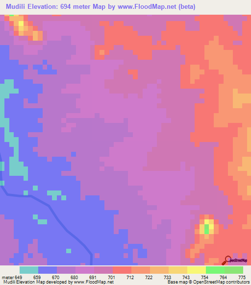 Mudili,Sudan Elevation Map