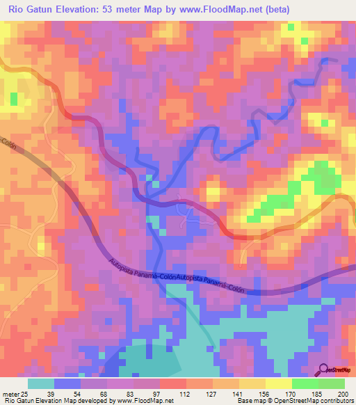 Rio Gatun,Panama Elevation Map