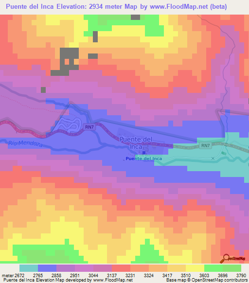 Puente del Inca,Argentina Elevation Map