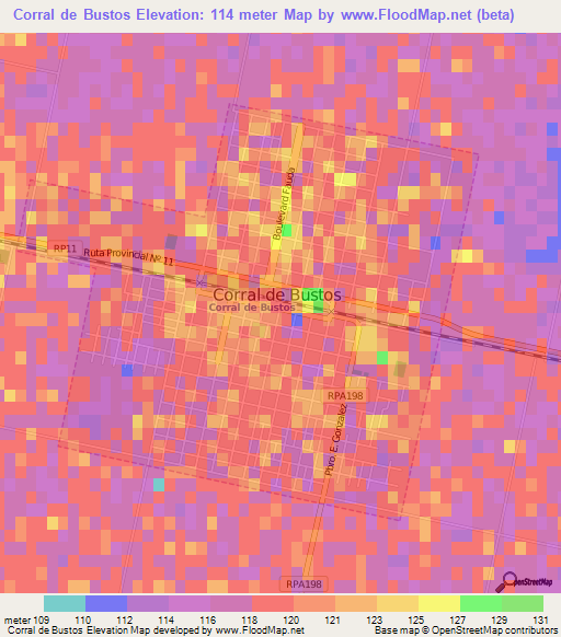 Corral de Bustos,Argentina Elevation Map