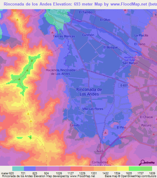 Rinconada de los Andes,Chile Elevation Map