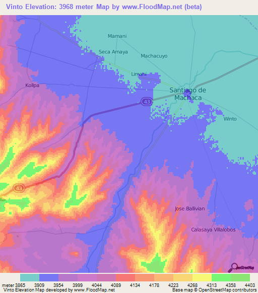 Vinto,Bolivia Elevation Map