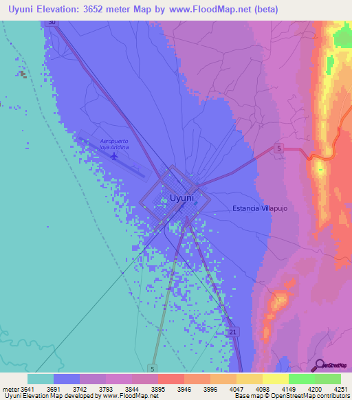 Uyuni,Bolivia Elevation Map