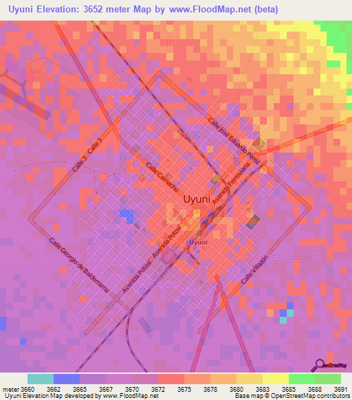 Uyuni,Bolivia Elevation Map