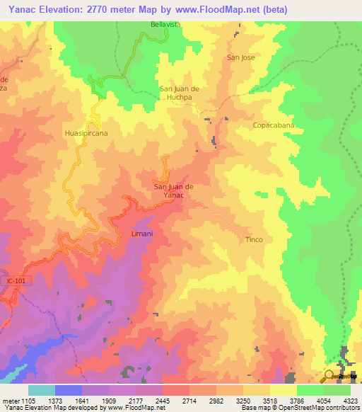 Yanac,Peru Elevation Map