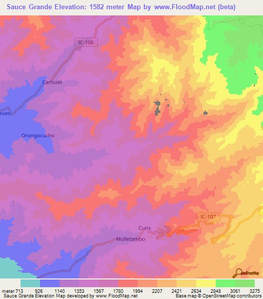 Sauce Grande,Peru Elevation Map