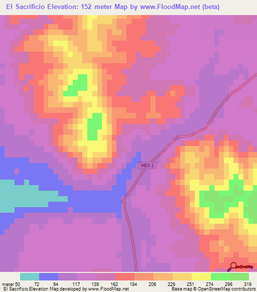 El Sacrificio,Mexico Elevation Map