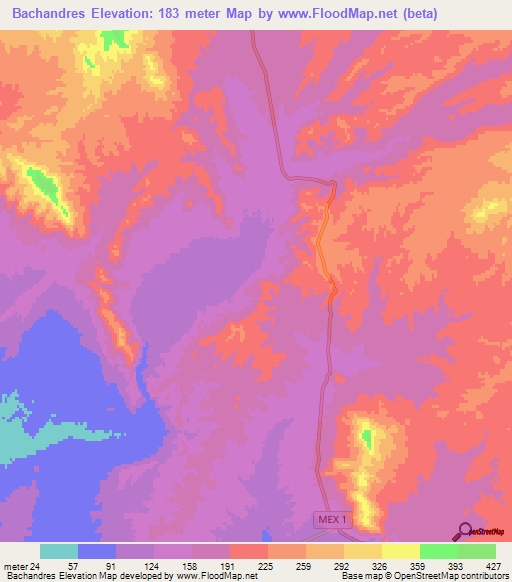 Bachandres,Mexico Elevation Map