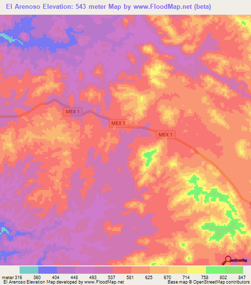 El Arenoso,Mexico Elevation Map