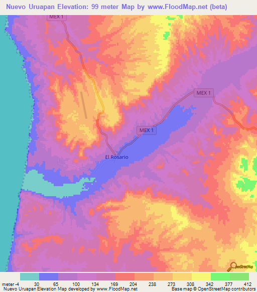 Nuevo Uruapan,Mexico Elevation Map