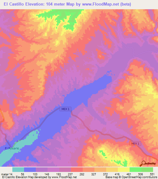 El Castillo,Mexico Elevation Map