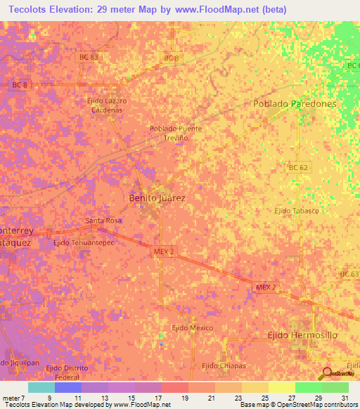 Tecolots,Mexico Elevation Map