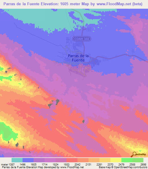 Parras de la Fuente,Mexico Elevation Map