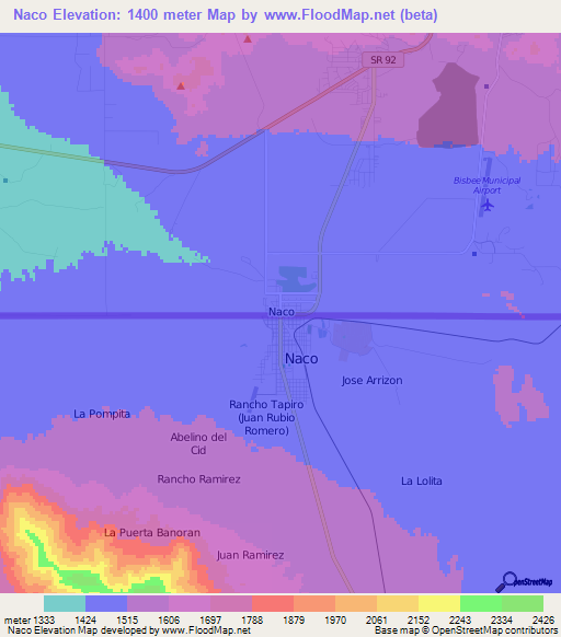 Naco,Mexico Elevation Map