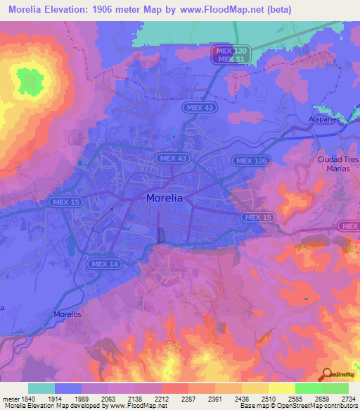 Morelia,Mexico Elevation Map