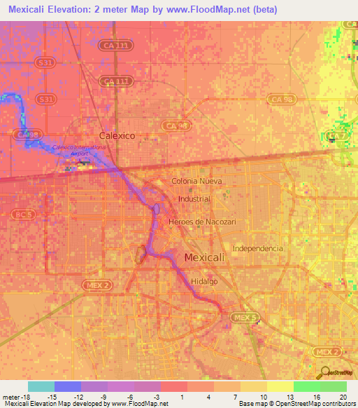 Mexicali,Mexico Elevation Map