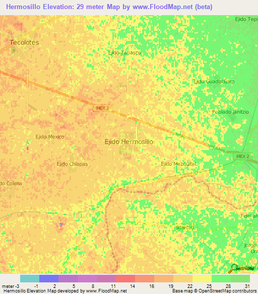 Hermosillo,Mexico Elevation Map