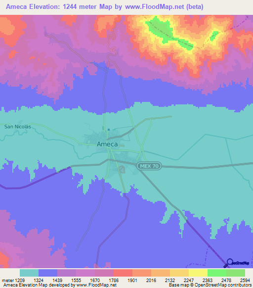 Ameca,Mexico Elevation Map