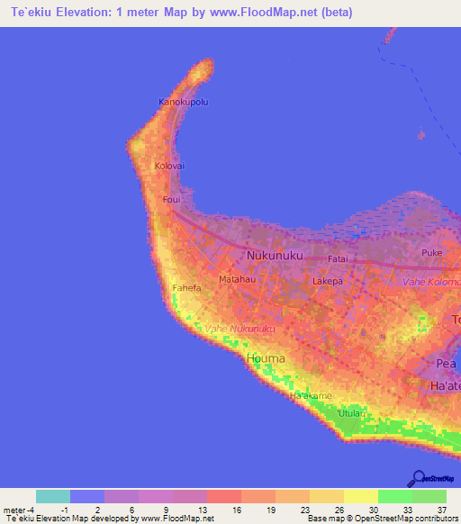 Te`ekiu,Tonga Elevation Map