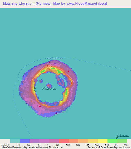 Mata`aho,Tonga Elevation Map