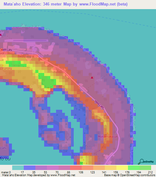 Mata`aho,Tonga Elevation Map