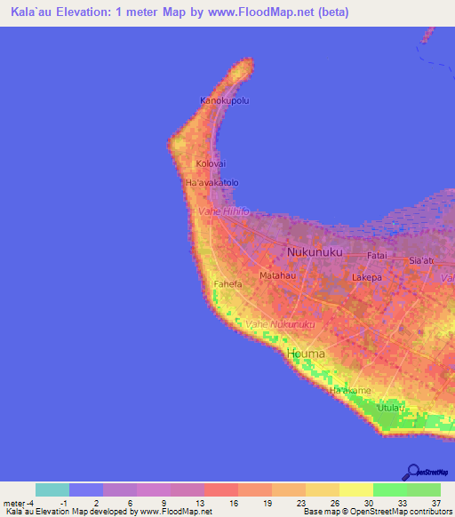 Kala`au,Tonga Elevation Map