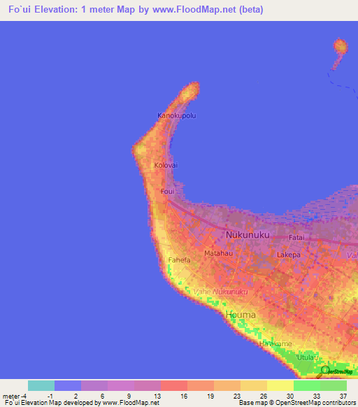 Fo`ui,Tonga Elevation Map