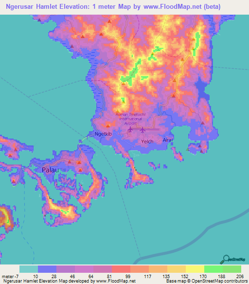 Ngerusar Hamlet,Palau Elevation Map