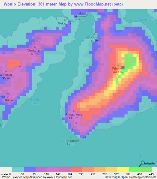 Elevation of Wonip,Micronesia Elevation Map, Topography, Contour