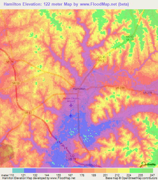 Hamilton,US Elevation Map