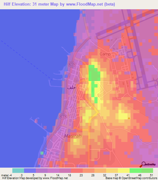 Hilf,Oman Elevation Map