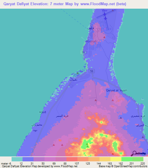 Qaryat Dafiyat,Oman Elevation Map