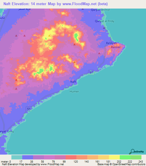 Naft,Oman Elevation Map