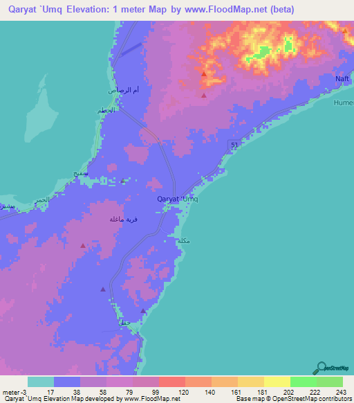 Qaryat `Umq,Oman Elevation Map