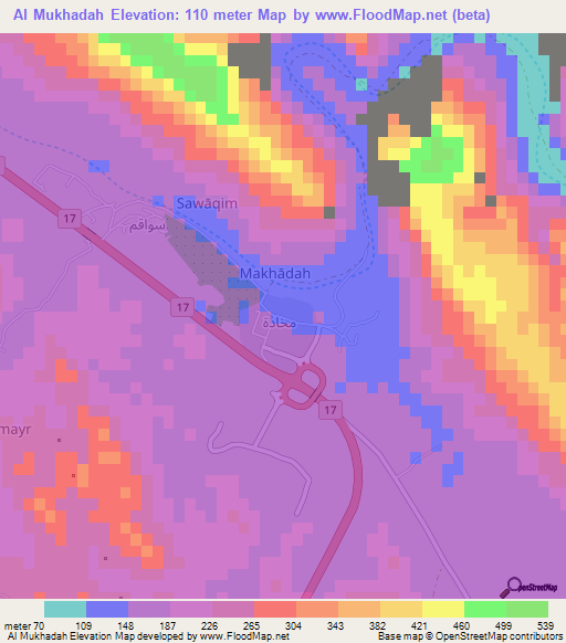 Al Mukhadah,Oman Elevation Map