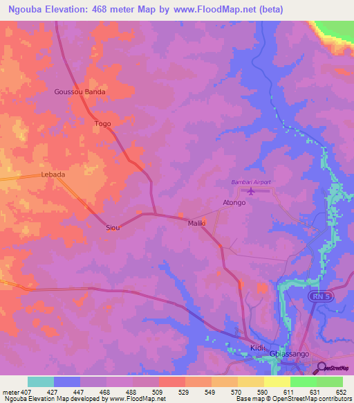 Ngouba,Central African Republic Elevation Map