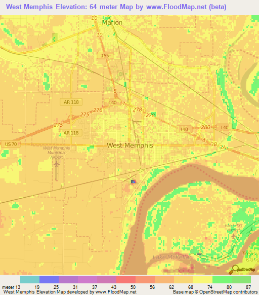 West Memphis,US Elevation Map