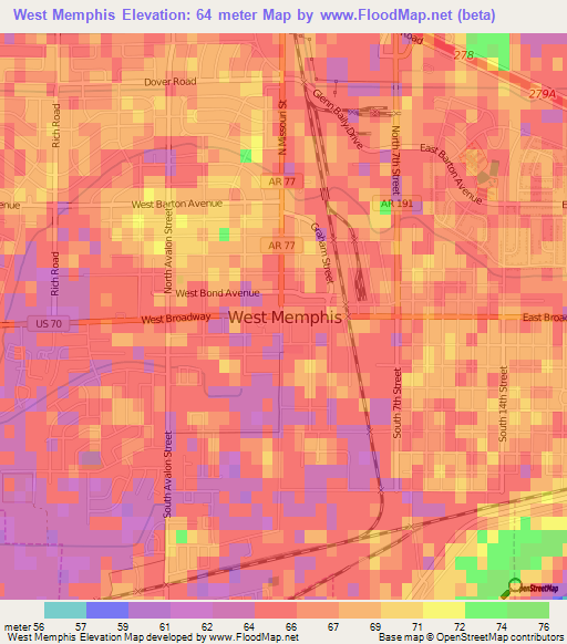 West Memphis,US Elevation Map