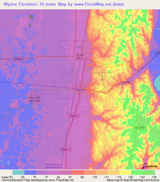 Wynne,US Elevation Map