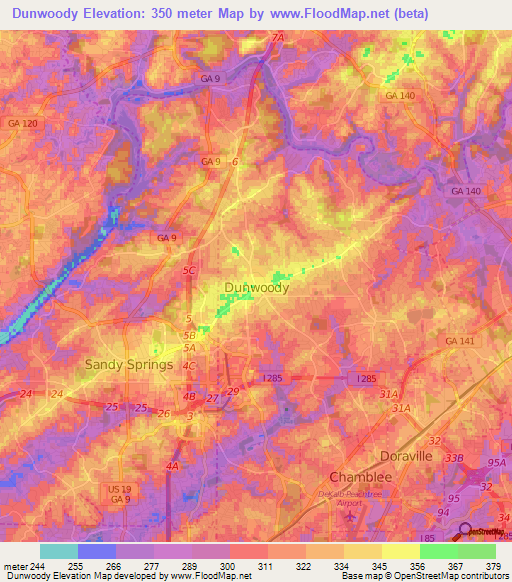 Dunwoody,US Elevation Map