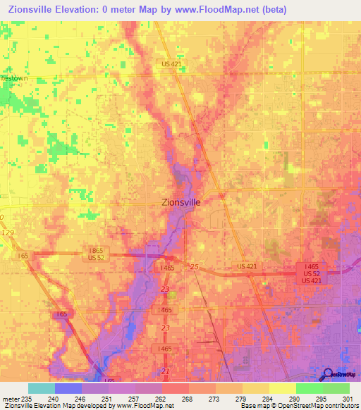 Zionsville,US Elevation Map