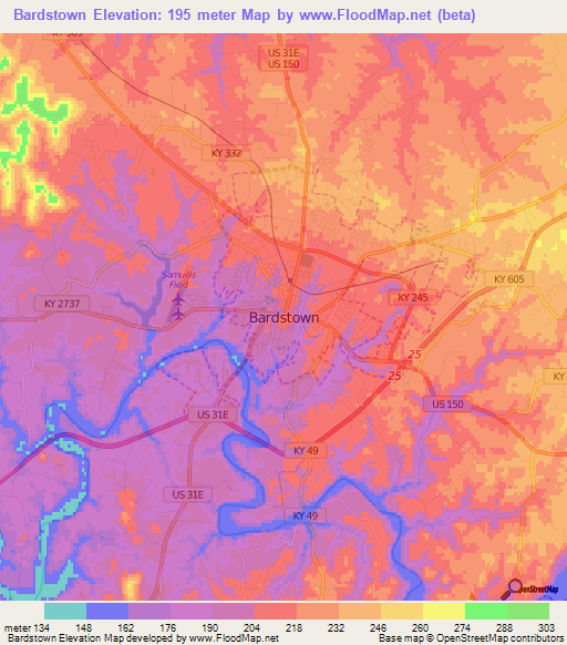 Bardstown,US Elevation Map