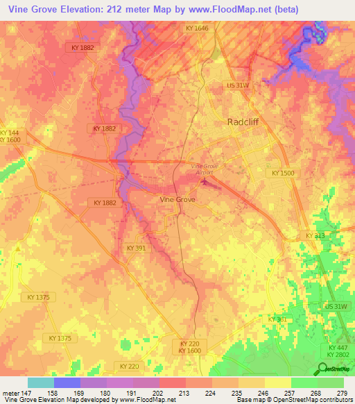 Vine Grove,US Elevation Map