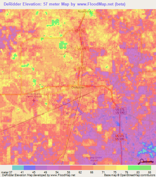 DeRidder,US Elevation Map