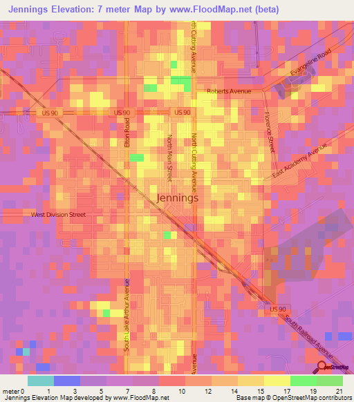 Jennings,US Elevation Map