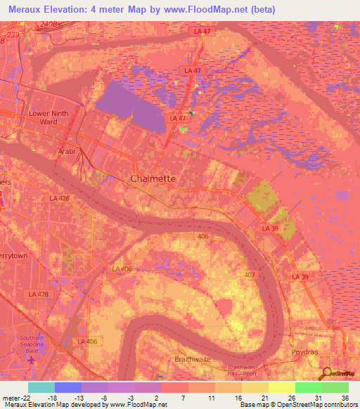 Meraux,US Elevation Map