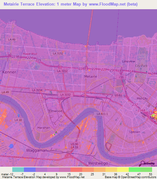 Metairie Terrace,US Elevation Map