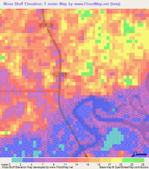 Moss Bluff,US Elevation Map